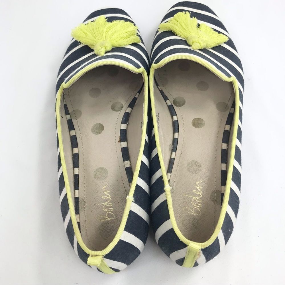 Boden Evelina Navy Blue White Stripe Neon Tassel Slip on Nautical Ballet Flats - Picture 7 of 16